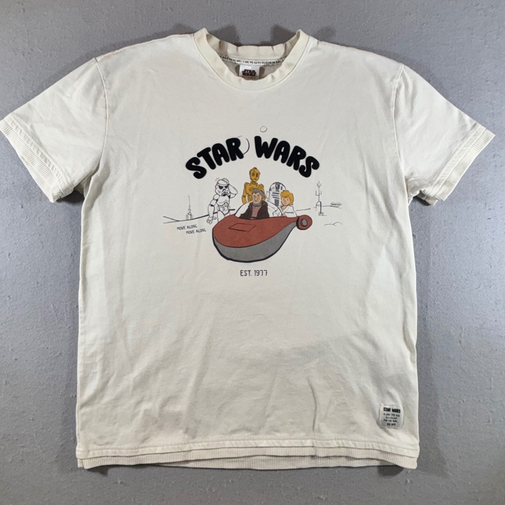 Star Wars Mens Cream Landspeeder Graphic T-Shirt Waffle Knit Trim Large